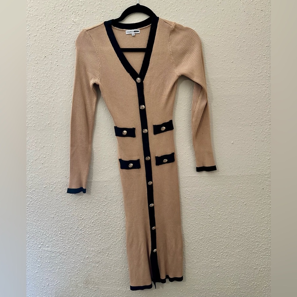 Fashion Nova Beige and Black Long Sleeve Dress